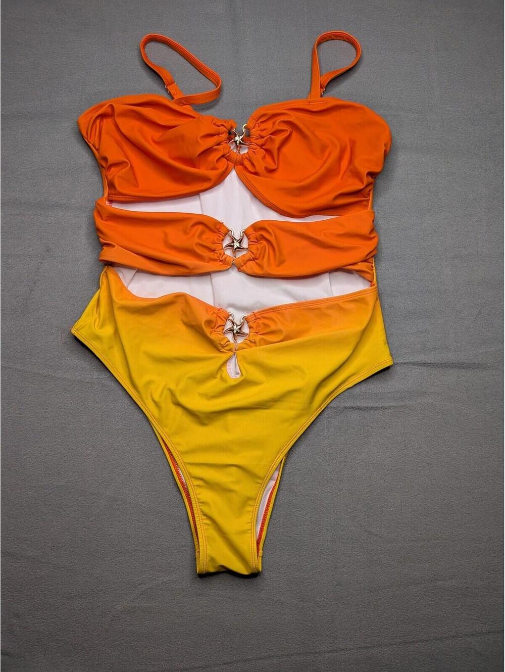 Ombre One Piece Swimsuit Womens Plus 1XL Orange Yellow Cutout Bandeau Swimwear